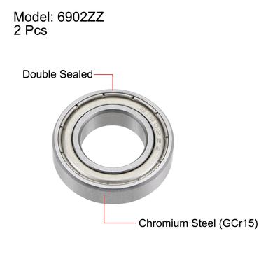 6902ZZ Deep Groove Ball Bearings Z2 15x28x7mm Double Shielded Chrome Steel 2pcs - 15mmx28mmx7mm