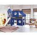 Zoomie Kids Johannes Solid Wood Twin Low Loft Bed w/ Ladder Slide Tent & Tower in Gray/White/Blue | 87.5 H x 80 W x 84.75 D in | Wayfair