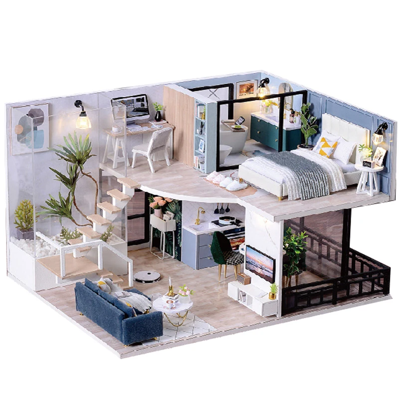 Analyste miniatures de maison de courses en bois bricolage avec meubles, lumière Moder Loft Roombox, modèle assemblé 3D pour enfants, cadeaux d'anniversaire pour adultes