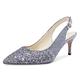 NobleOnly Women's Slingback Kitten Heels Pumps Leather Lining Sandals Ankle Strap Stilettos 2.4IN Heels Grey Silver Glitter Shoes UK 9