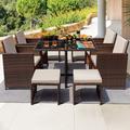 Rosecliff Heights Angelos Rectangular 8 - Person 42.9" Long Outdoor Dining Set w/ Cushions Glass/Wicker/Rattan in Black/Brown | Wayfair