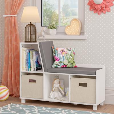 RiverRidge Kids Reading Nook Cushioned Toy Storage Bench with Cubby Organizers with Optional Fabric Bins- White