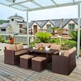 Red Barrel Studio® Justussr Rectangular 8 - Person 91.9" Long Outdoor Dining Set w/ Cushions Wood/Wicker/Rattan in Brown | Wayfair