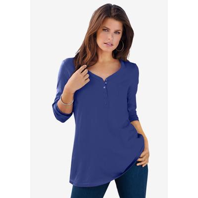 Plus Size Women's Ultimate Long Sleeve Henley Tee with Sweetheart Neck by Roaman's in Ultra Blue (Size S) 100% Cotton Shirt