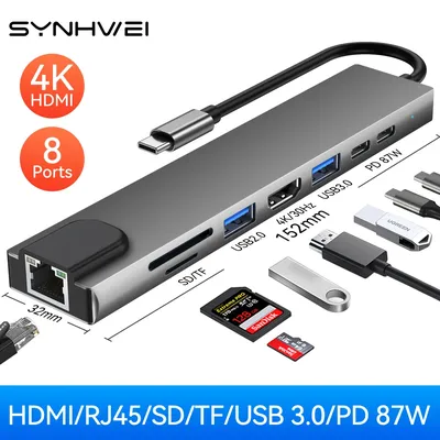 HUB USB C avec 4K HDMI 100W PD USB C Port USB 3.0 RJ45 Ethernet SD/TF Lecteur de carte Station