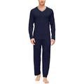 MoFiz Mens Pyjamas Set Loungewear Plain Long Sleeves V-Neck T-Shirt & Trousers Pajama Pjs Set Nightwear Sleepwear Navy Size L