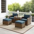 Bradenton 5Pc Outdoor Wicker Armchair Set Navy/ Weathered Brown - Side Table, 2 Arm Chairs & 2 Ottomans - Crosley KO70182WB-NV