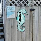 Designocracy Seahorse Coastal House Door Mailbox 1-Line Wall Address Plaque Wood in Blue/Brown | 18 H x 9 W x 0.7 D in | Wayfair MA98517-18