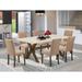 East West Furniture Dining Set-Dining Room Table and Light Sable Linen Fabric Parson Chairs, Distressed Jacobean(Pieces Options)