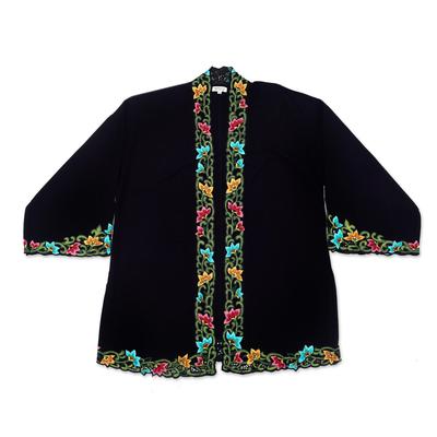 Lily Blossom in Black,'Embroidered Black Cotton Kimono Jacket'