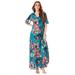 Plus Size Women's Flutter-Sleeve Crinkle Dress by Roaman's in Teal Watercolor Bouquet (Size 38/40)