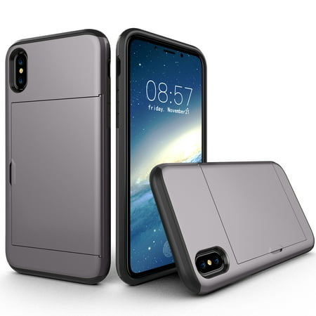 Allytech Case for iPhone XR Case Hybrid iPhone XR Wallet Case Dual Layer Protective Shell Hard PC Soft TPU Bumper Credit Cards Slot Cover for 2018 Apple iPhone XR 6.1 - Gray