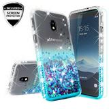 Liquid Glitter Bling Diamond Phone Case for Samsung Galaxy J3 2018 Case Galaxy J3 Orbit Case Galaxy J3 Star Case Galaxy J3 V 2018/J3 Achieve/J3 Aura/Express Prime 3/Amp Prime 3 Case - Teal/Clear