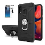 For Straight Talk Samsung Galaxy A10e / Tracfone Samsung Galaxy A10e Smartphone / Samsung Galaxy A10e (Not Fit A10 6.2 ) Metallic Brushed Shock-Resistant Cover Ring Stand Case + Tempered Glass(Black)