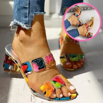 Sandales à talons carrés pour femmes chaussures d'été Peep Parker multicolores