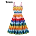 Tonval-Robe Plissée à Rayures Multicolores pour Femme Taille Haute Vintage Pinup Années 50