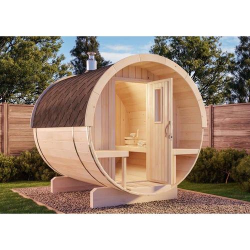 Fass-Sauna Tori Fasssauna 2 Sitzbänke aus Holz Sauna Wandstärke: 42 mm Außensauna – ohne