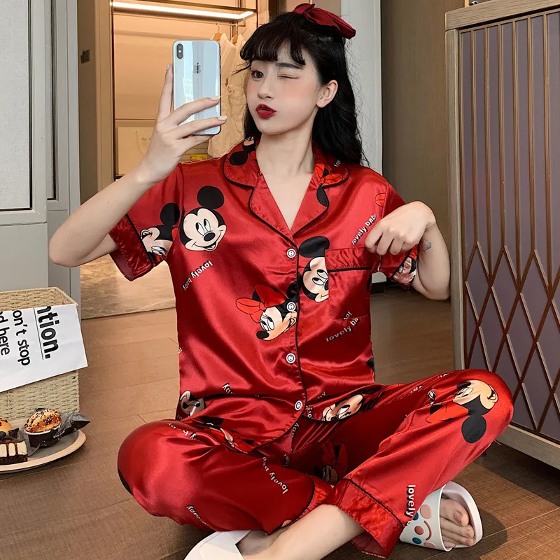 Pyjama imprimé Disney Mickey et Minnie princesse pour femmes, pantalon d'été à manches courtes, fin, costume de service à domicile, 2 pièces