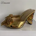 Chaussures de soirée en cristal doré pour femmes avec nœud papillon talon haut en cuir verni