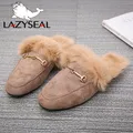 LazySeal-Diapositives en fourrure de lapin véritable pour femmes chaussures d'extérieur noires pour