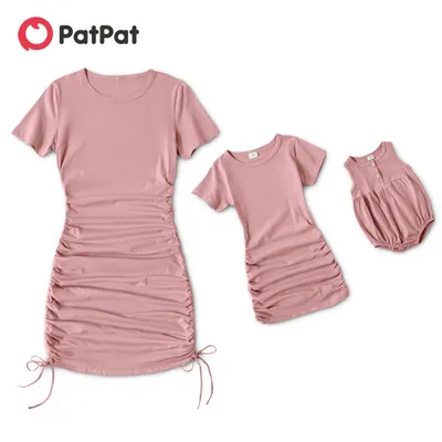 PatPat – Mini robes en coton à manches courtes, vert clair, couleur unie, avec cordon coulissant,
