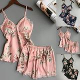 2Pcs Women Satin Silk Sleepwear Lace V Neck Tops + Long Pants Pyjamas Set