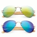 Newbee Fashion - Bamboo Arm Oversized Rimless Aviator Sunglasses with Flash Lens Bamboo Sunglasses for Men & Women