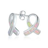 Created Pink Opal Ribbon for Breast Cancer Awareness Stud Earrings for Women 925 Sterling Silver 8MM October Birthstone