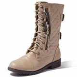 DailyShoes Women's Military Lace Up Buckle Combat Boots Mid Knee High Exclusive Quilted Credit Card Pocket, Quilted Beige Pu, 9 B(M) US