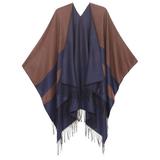 Sakkas Avi Women's Reversible Open Front Poncho Cardigan Ruana Cape Shawl W/Fringe - ColorBlockBlue - One Size Regular