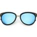 Women's Horn Rimmed Cat Eye Sunglasses Round Colored Mirror Lens 54mm (Black / Blue Mirror)