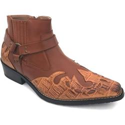 Men's Cowboy Boots Western Leather Lined Ankle Harness Strap Side Zipper Shoes