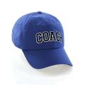 Sports Team Coach Baseball Hat Layered Arch Letters Unstructured Low Profile Cap, Blue Hat White Black Letters