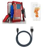 Accessory Bundle for iPhone SE iPhone SE 2022 iPhone SE 2020 iPhone 8: Military Grade Rugged Holster Case with 2-Pack Tempered Glass Screen Protectors Rugged USB Cable (6-Foot) - Vintage USA Flag