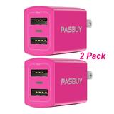 [2-PACK] Foldable 2.4A Dual USB Wall Charger 2-Port Travel Portable Power Adapter for Apple iPhone X Max Xr 11 8 7 6 Plus iPad Samsung Galaxy HTC LG Tablet Motorola(Pink 2-Pack)