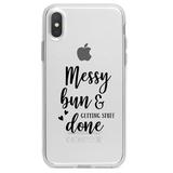DistinctInk Clear Shockproof Hybrid Case for iPhone XR (6.1 Screen) - TPU Bumper Acrylic Back Tempered Glass Screen Protector - Messy Bun & Getting Stuff Done