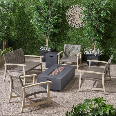 Augusta Outdoor Acacia Wood and Wicker 6 Seater Chat Set with Fire Pit by Christopher Knight Home