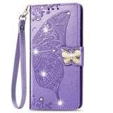 Allytech Galaxy Note 20 Case with Shiny Rhinestone Shockproof PU Leather Retro 3D Butterfly Embossed Wallet Flip Case Magnetic Stand with Card Slot Folio Cover for Samsung Galaxy Note 20 Lightpurple