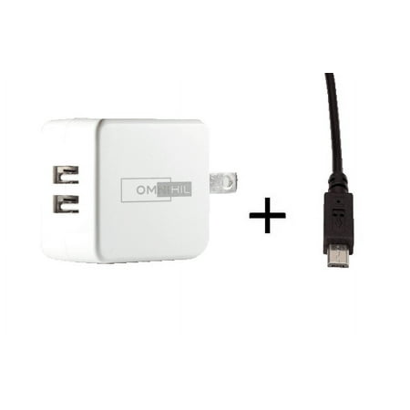 [UL Listed] OMNIHIL 2-Port Wall Charger+30FT-MICRO-USB Cable Compatible with MOTOROLA XOOM 2