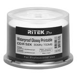 200 Pack Ritek Pro CD-R 52X 700MB 80Min Professional Grade Watershield Water Resistant Glossy White Inkjet Hub Printable Blank Recordable Disc