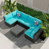 Ainfox 7 Pcs Outdoor Patio Furniture Sofa Set on Sale Black-Blue