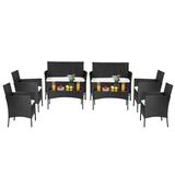 Balcony Outdoor Furniture Sets 8 Pieces Conversation Chair Wicker Set with 2 Loveseat and 4 Single Chairs Outdoor Indoor Use Leisure Outdoor Chairs with Soft Cushion and Glass Table Black S6760