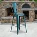 BizChair Commercial Grade 30 High Distressed Kelly Blue-Teal Metal Indoor-Outdoor Barstool with Back