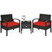 Patiojoy 3-Piece Patio Wicker Storage Table & Chair Set Outdoor Conversation Set Red