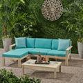 Faviola Ana Outdoor 3 Seater Acacia Wood Sofa Sectional with Cushions Light Gray and Teal
