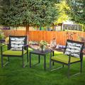 Patio front door and Deck 3-Piece Conversation Black Wicker Furniture-Two Chairs with Glass Coffee Table Green