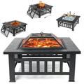32 Square Fire Pit for Outside Outdoor Wood Burning Metal Fire Pit with Spark Screen & Poker Multifunctional Heater/Grill/Ice Pit for Backyard Patio Garden BBQ Grill Black S7039