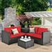 Gymax 4PCS Cushioned Rattan Patio Conversation Set w/ Side Table Red Cushion