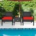 Gymax 3PCS Rattan Patio Conversation Furniture Set w/ Storage Table Red Cushion