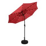 WestinTrends Cyrus 9 Ft Outdoor Patio Umbrella with Base Include Solar Powered 32 LED Light Umbrella with Tilt and Crank 20 inch Fillable Black Round Base Red